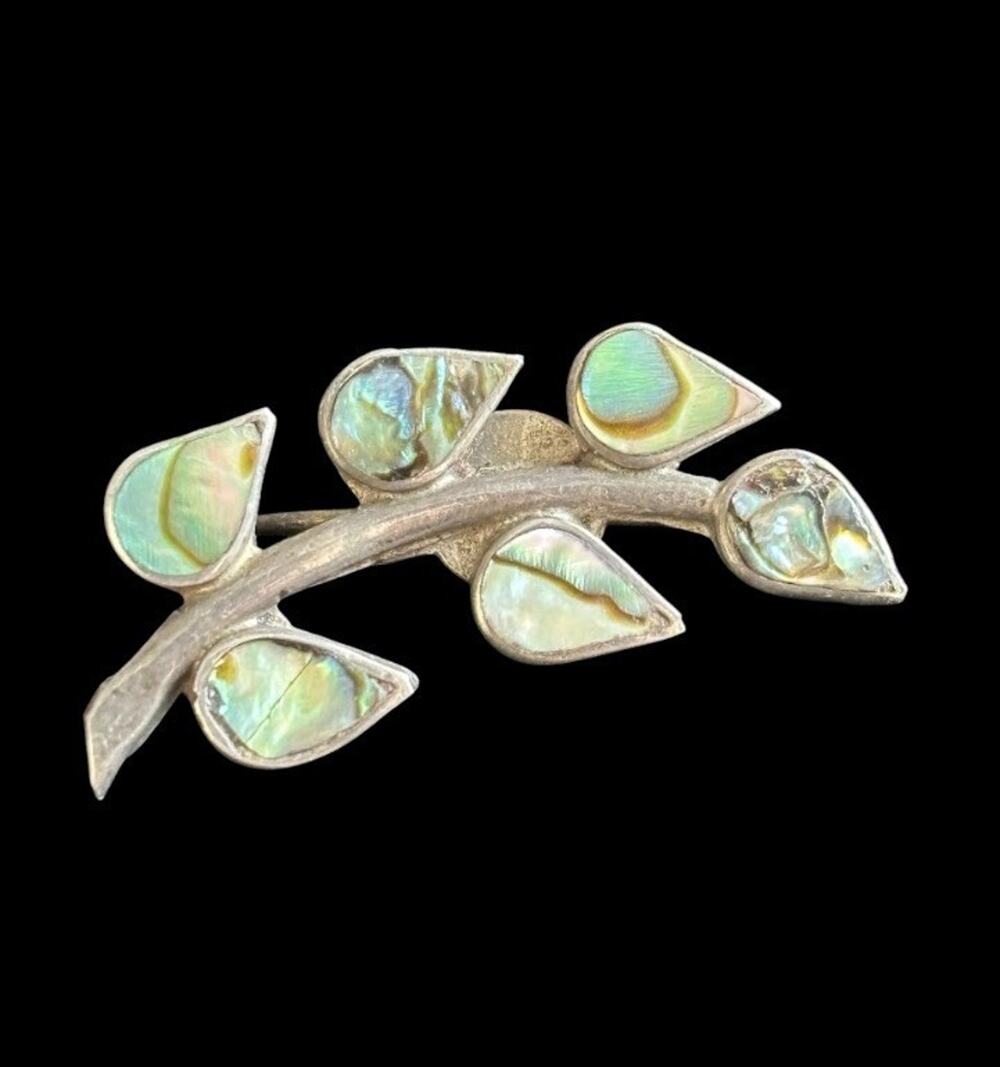 Vtg Alpaca Silver Abalone 1” Lapel Pin Leaves Foliate
